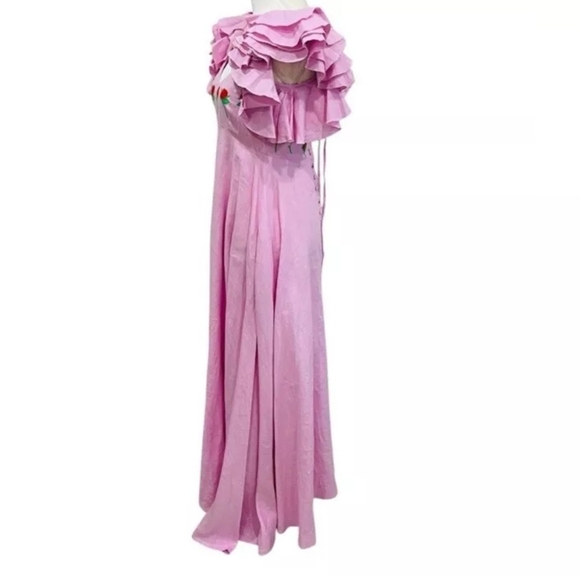 FANM MON Aster Pink DemreLinen Embroidered Maxi DressRuffle Sleeve NWT - Picture 7 of 16